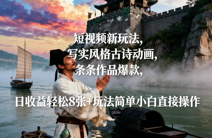 短视频新玩法，写实风格古诗动画，条条作品爆款，日收益轻松8张+玩法简单小白直接操作-皮皮网创