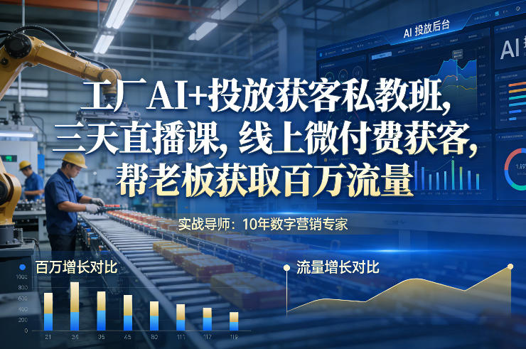 工厂AI+投放获客私教班，三天直播课，线上微付费获客，帮老板获取百万流量-皮皮网创