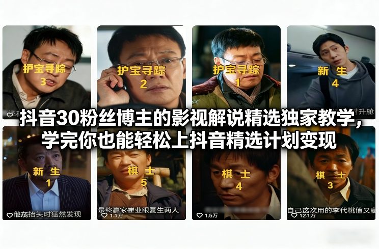抖音30粉丝博主的影视解说精选独家教学，学完你也能轻松上抖音精选计划变现-皮皮网创