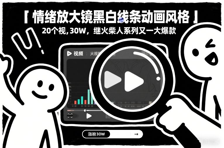 情绪放大镜黑白线条动画风格，20个视频，涨粉30W，继火柴人系列又一大爆款-皮皮网创