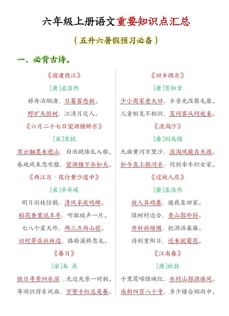 六年级上语文重要知识点汇总-皮皮网创