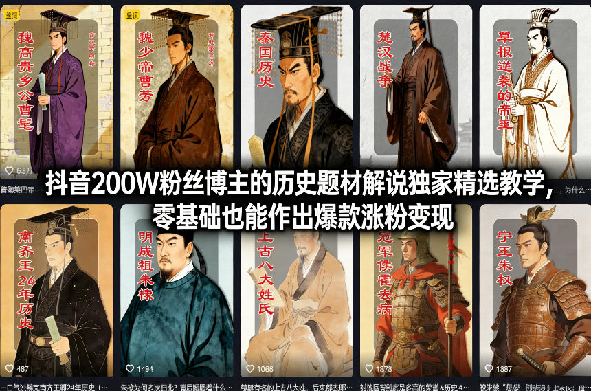 抖音200W粉丝博主的历史题材解说独家精选教学，零基础也能作出爆款涨粉变现-皮皮网创