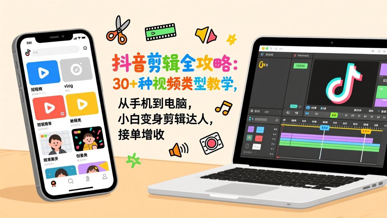 抖音剪辑全攻略：30+种视频类型教学，从手机到电脑，小白变身剪辑达人，接单增收-皮皮网创