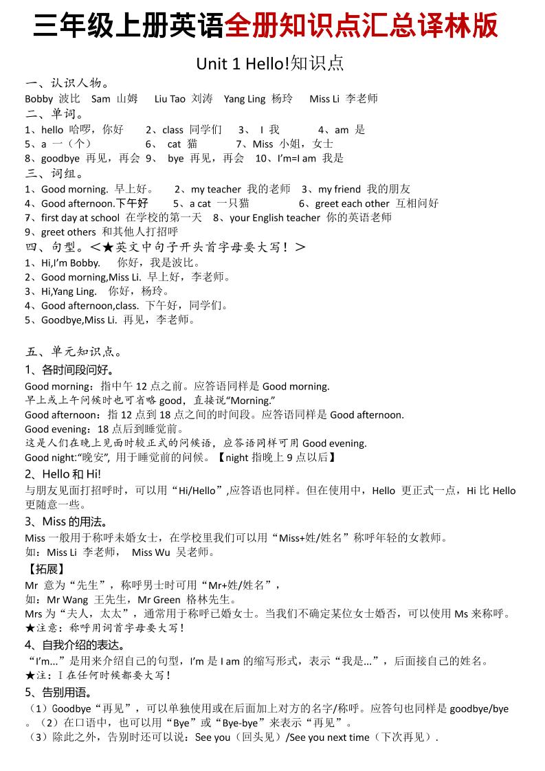 三年级上英语知识点汇总《译林版》-皮皮网创