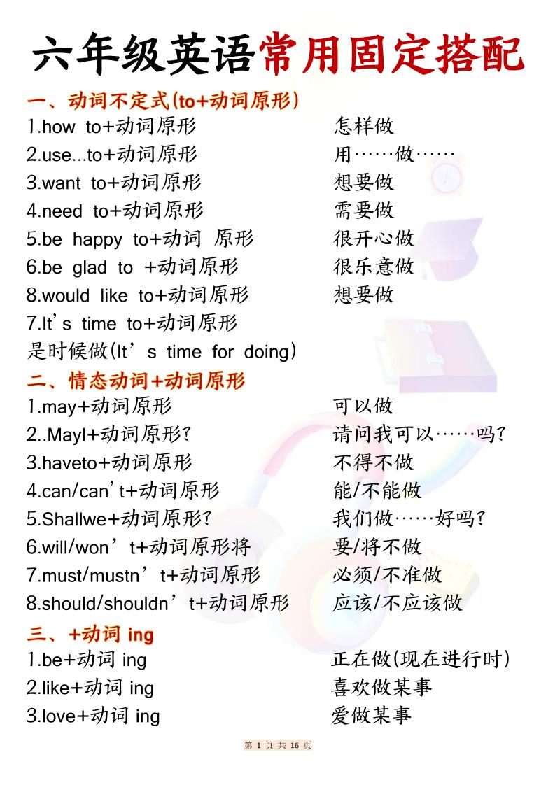 六年级上英语常用固定搭配-皮皮网创