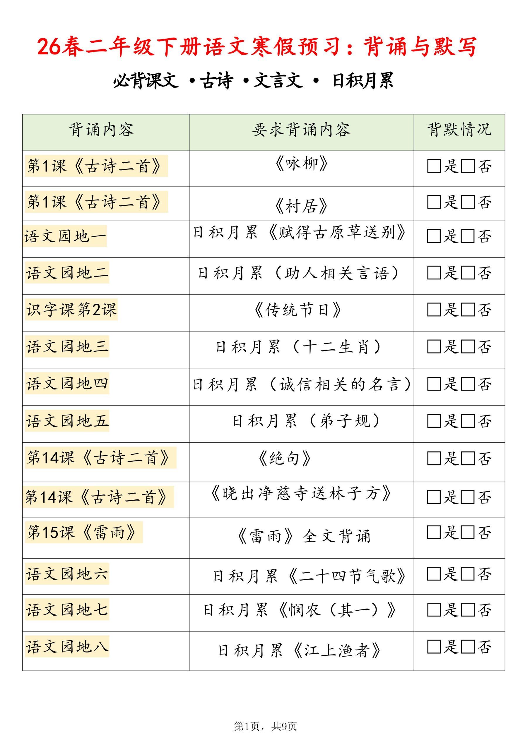 26春二下语文寒假预习背诵与默写(必背课文、古诗、文言文、日积月累)9页-皮皮网创