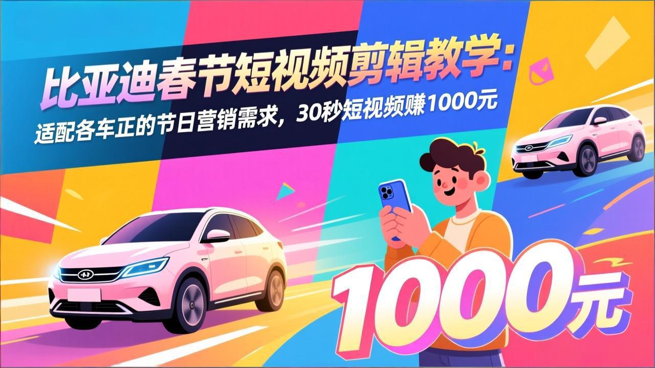 比亚迪春节短视频剪辑教学：适配各车企的节日营销需求，30秒短视频赚1000元-皮皮网创