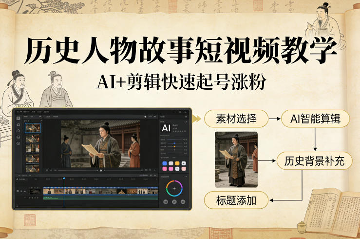 历史人物故事短视频教学，AI+剪辑制作历史人物题材短视频，快速起号涨粉-皮皮网创