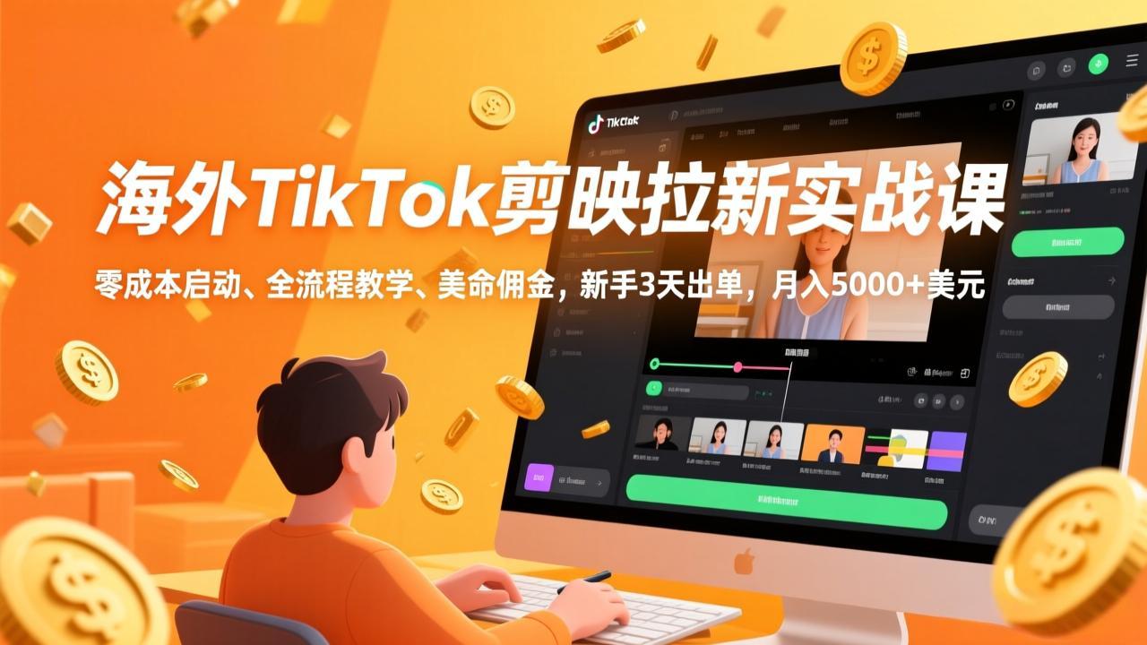 海外TikTok剪映拉新实战课，零成本启动、全流程教学、美金佣金，新手3天出单，月入5000+美元-皮皮网创