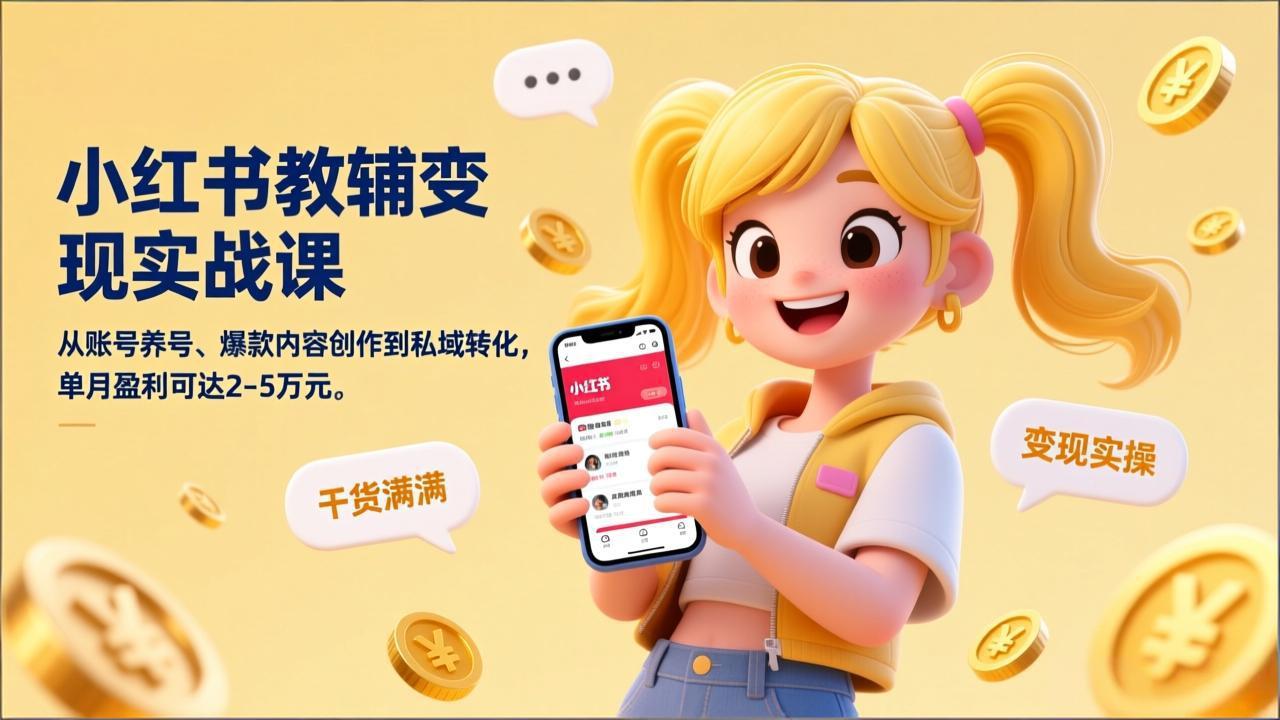 小红书教辅变现实战课，从账号养号、爆款内容创作到私域转化，单月盈利可达2-5万元-皮皮网创