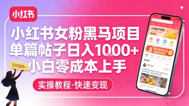 小红书女粉黑马项目，单篇帖子日入1k+，小白零成本上手-皮皮网创