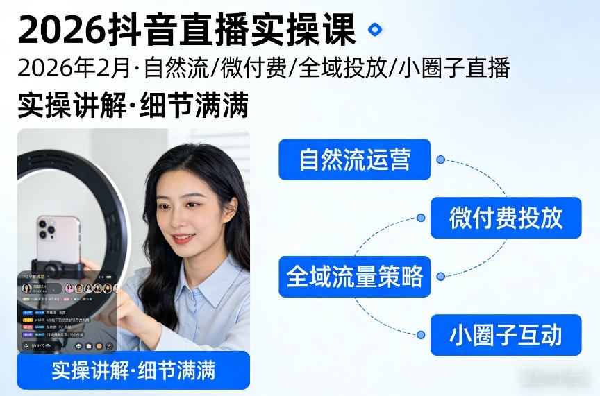 2026抖音直播实操课2026年2月，自然流、微付费、全域投放、小圈子直播，实操讲解，细节满满-皮皮网创