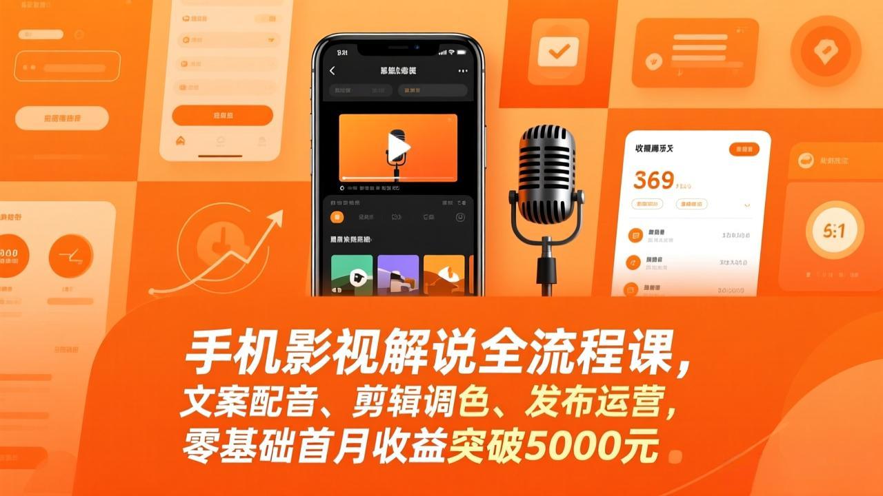 手机影视解说全流程课，文案配音、剪辑调色、发布运营，零基础首月收益突破5000元-皮皮网创