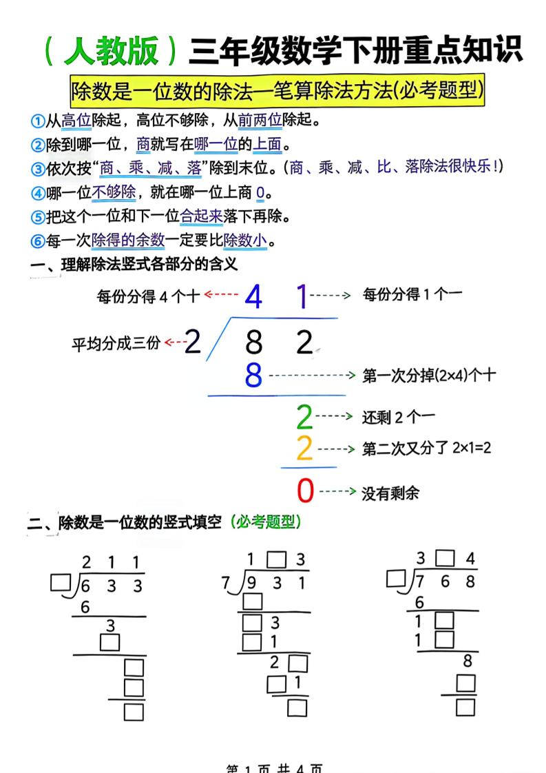 三年级下数学除数是一位数的除法—笔算除法方法(必考题型)《人教版》-皮皮网创