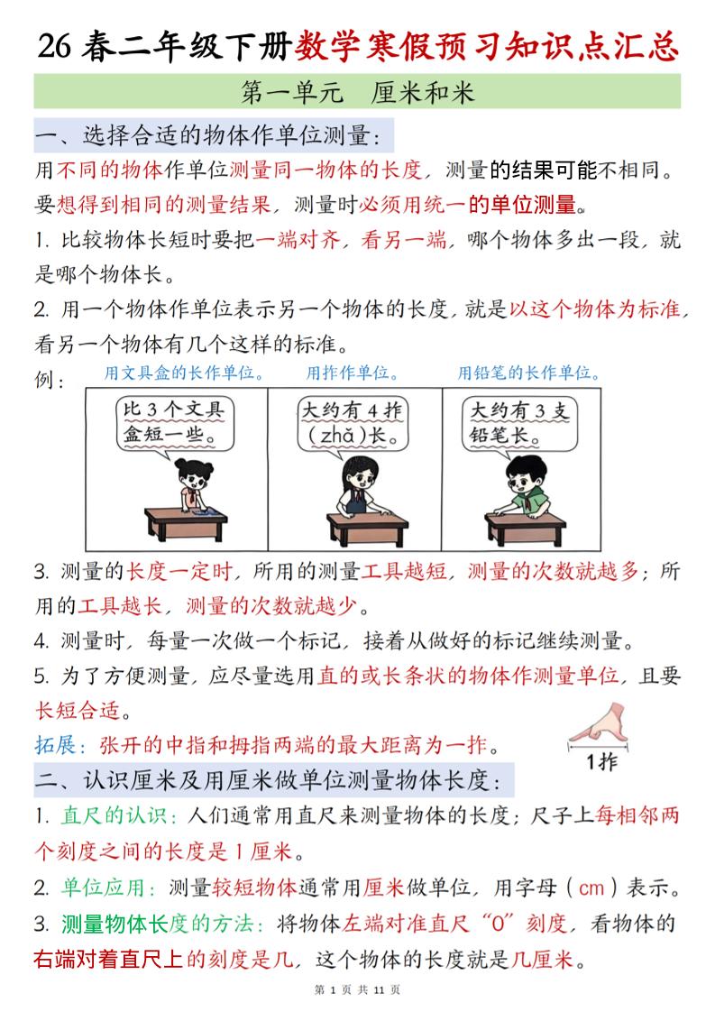 二年级下数学寒假预习知识点清单《苏教版》-皮皮网创