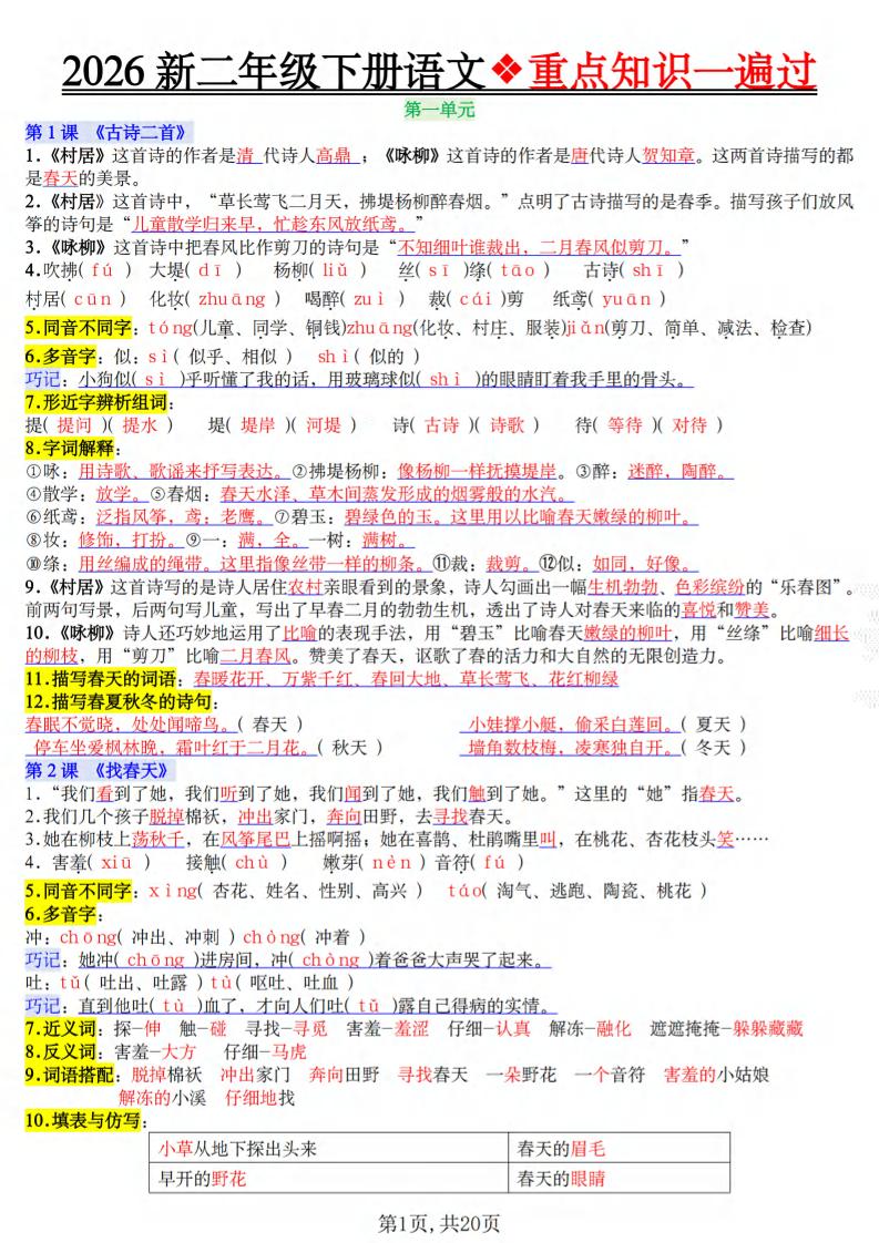 二年级下语文2026春重点知识一遍过-皮皮网创