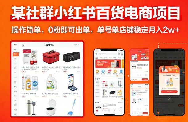 某社群小红书百货电商项目，操作简单，0粉即可出单，单号单店铺稳定月入2w+-皮皮网创