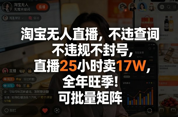 淘宝无人直播，不违规不封号，直播25小时卖17W，全年旺季！可批量矩阵【揭秘】-皮皮网创