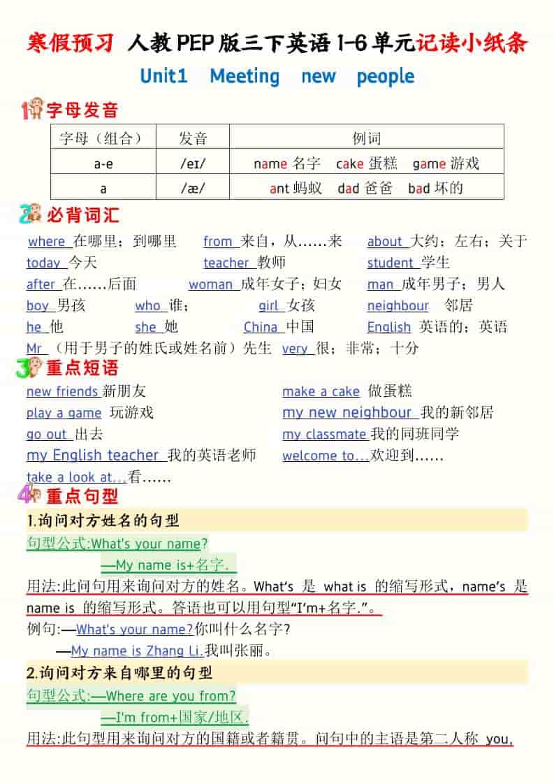 三年级下英语寒假预习1-6单元记读小纸条《人教版PEP》-皮皮网创