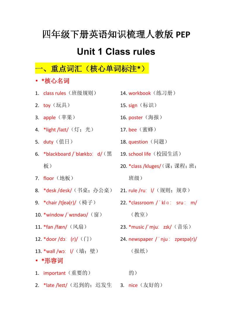 四年级下英语Unit1知识梳理+默写单《人教版PEP》-皮皮网创