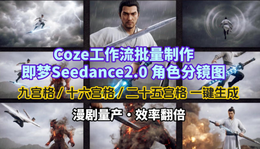 Coze工作流批量制作即梦Seedance2.0角色分镜图，九宫格-十六宫格-二十五宫格一键生成，漫剧量产，效率翻倍-皮皮网创