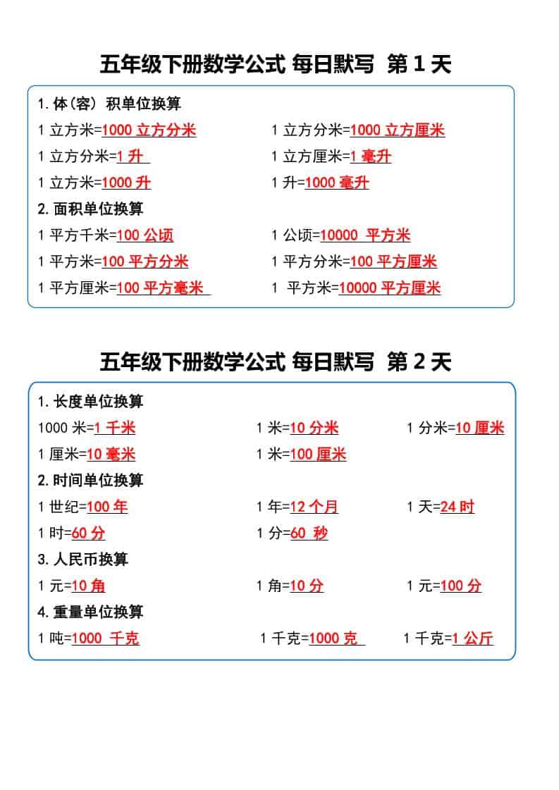 五年级下数学数学公式每日默写小纸条-皮皮网创
