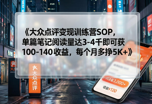 大众点评变现训练营SOP，单篇笔记阅读量达3-4千即可获100-140收益，每个月多挣5K+-皮皮网创