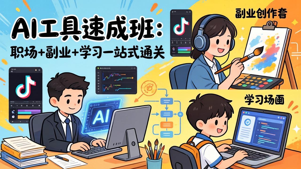 AI工具速成班：职场+副业+学习一站式通关，20+爆款类型+剪映技巧+抖音算法，0基础快速上手-皮皮网创