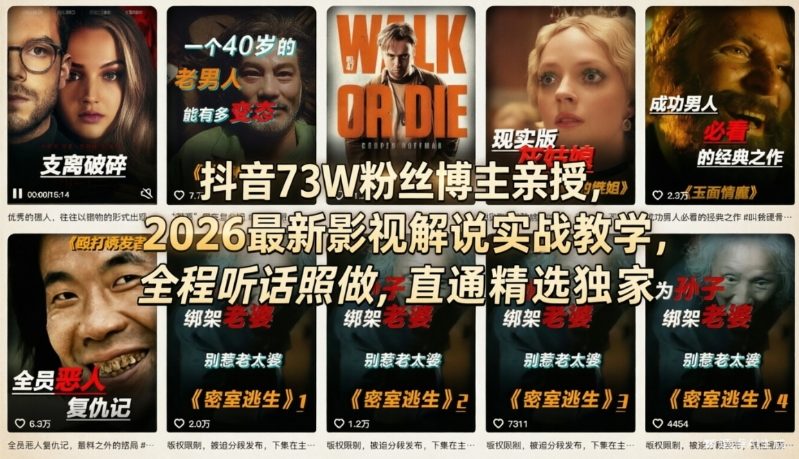 抖音73W粉丝博主亲授,2026最新影视解说实战教学,全程听话照做,直通精选独家-皮皮网创