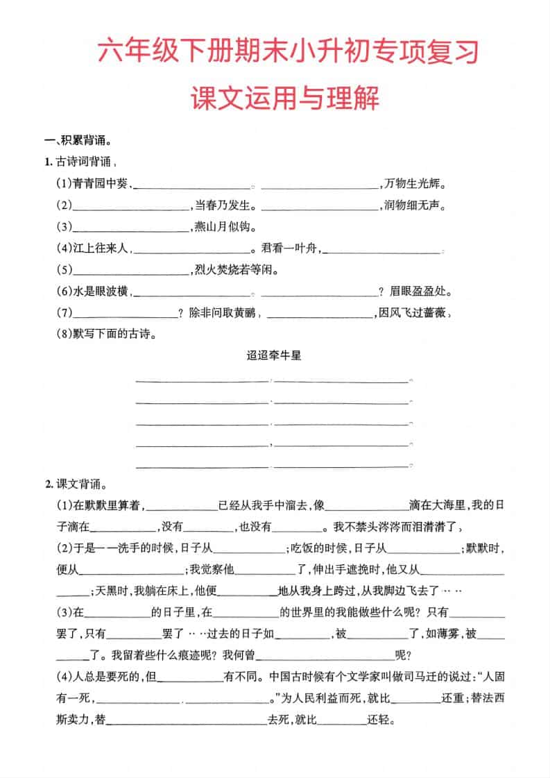 六年级下语文小升初课文运用与理解专项练习-皮皮网创