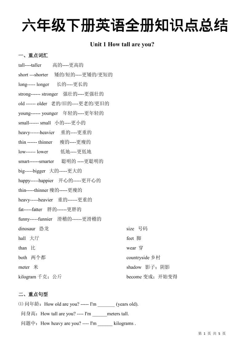 六年级下英语全册知识总结《人教版PEP》-皮皮网创