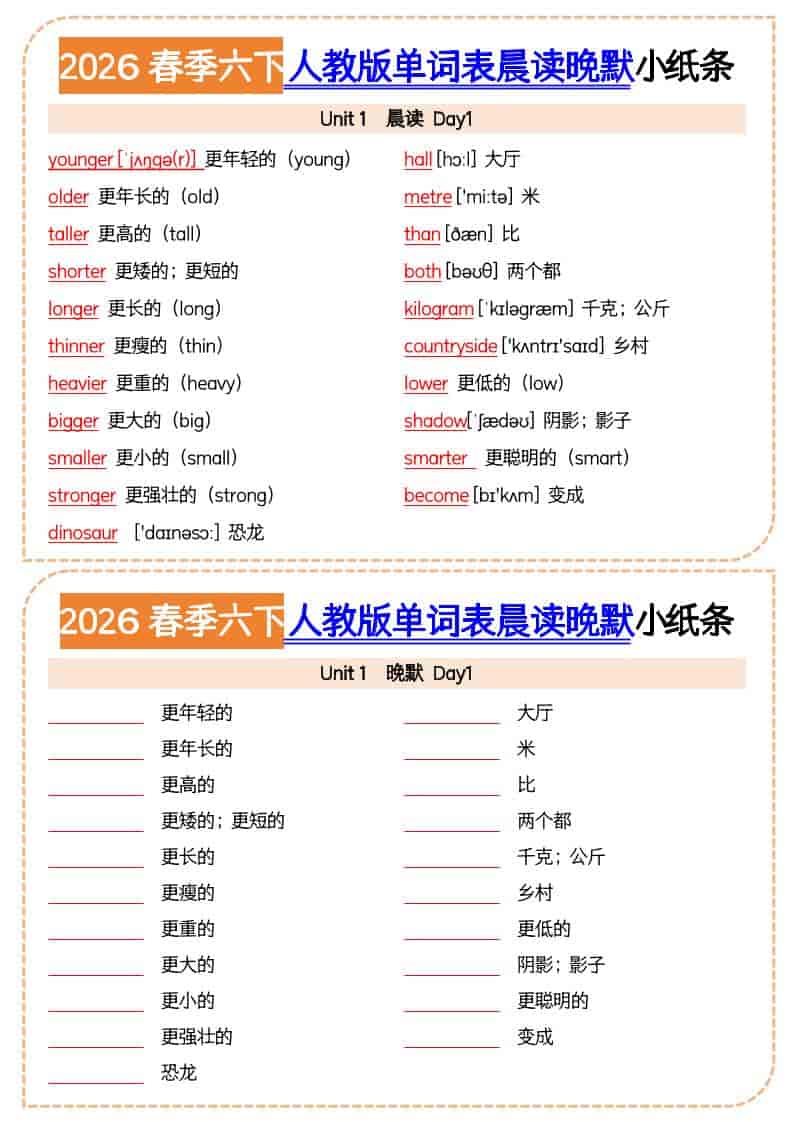 六年级下英语2026春晨读晚默小纸条《人教版》-皮皮网创