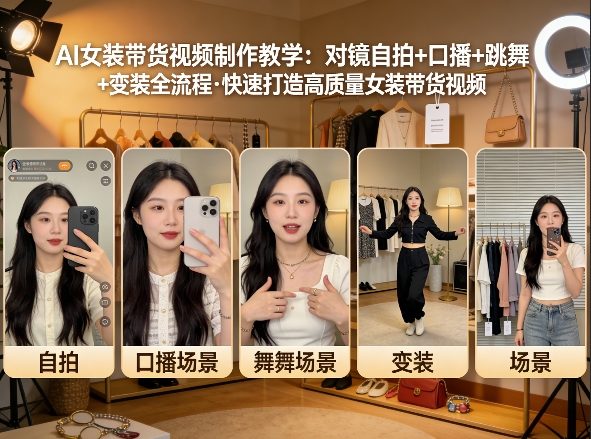 AI女装带货视频制作教学，对镜自拍、口播、跳舞、变装全流程，快速打造高质量女装带货视频-皮皮网创