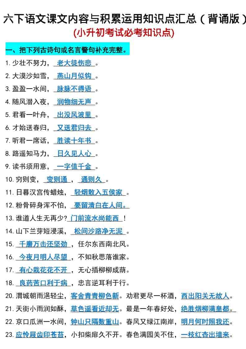 六年级下语文小升初期末必考知识点-皮皮网创