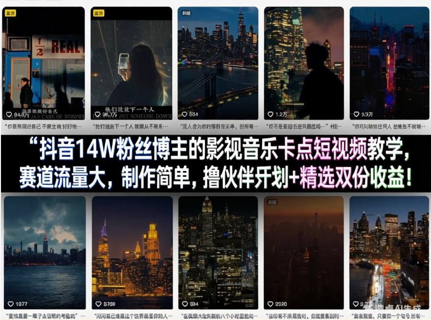 抖音14W粉丝博主的影视音乐卡点短视频教学,赛道流量大,制作简单,撸伙伴计划+精选双份收益!-皮皮网创