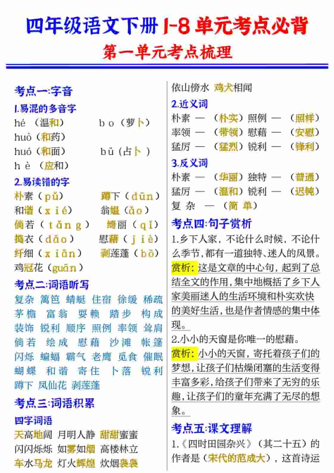 四年级(下）语文1-8单元考点必背-皮皮网创