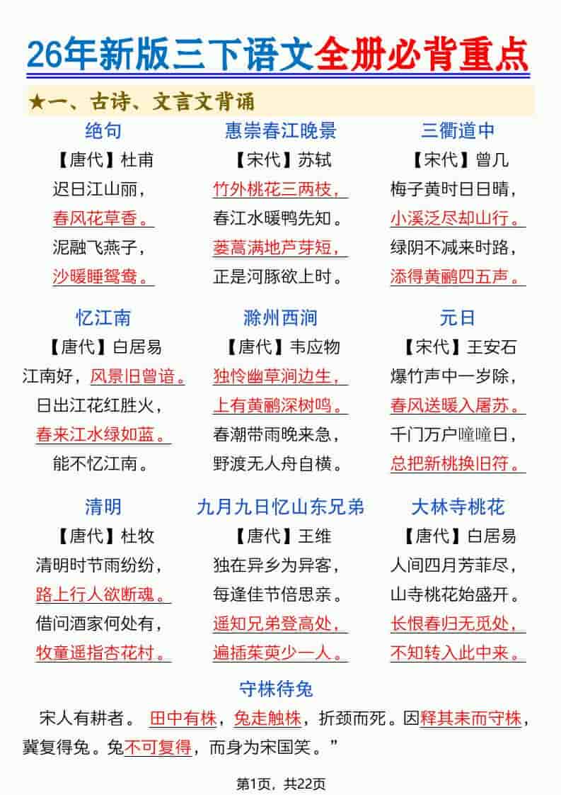 三年级下语文全册必背重点（十二重点知识点）-皮皮网创