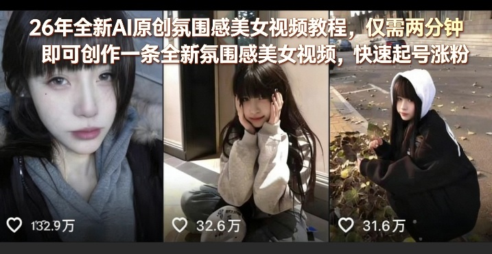 26年全新AI原创氛围感美女视频教程,仅需两分钟即可创作一条全新氛围感美女视频,快速起号涨粉-皮皮网创