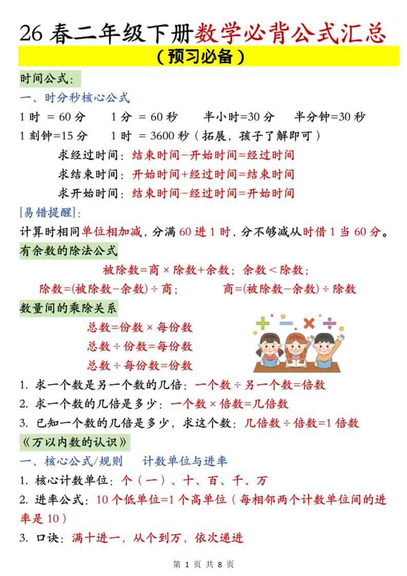 二年级下数学必背公式汇总《人教版》-皮皮网创