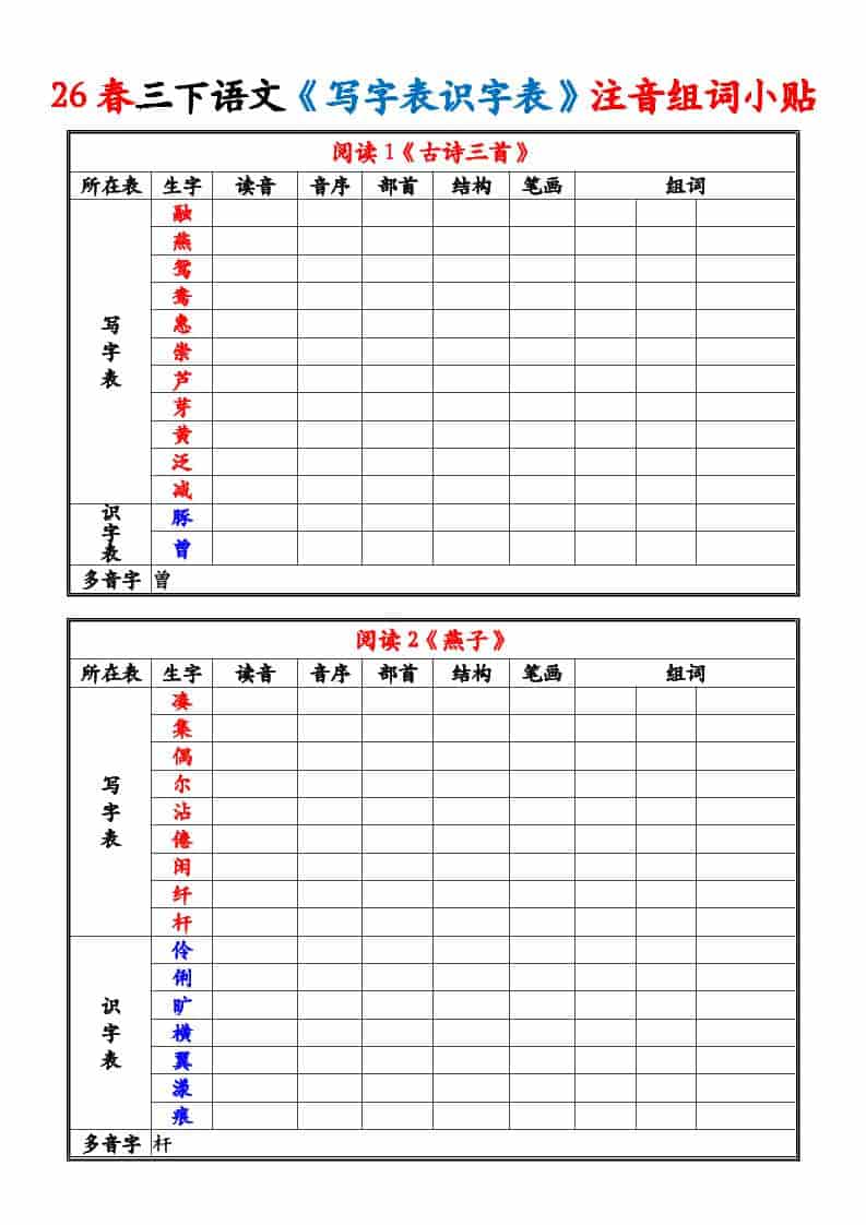 三年级下语文26春《写字表识字表》注音组词小贴-皮皮网创