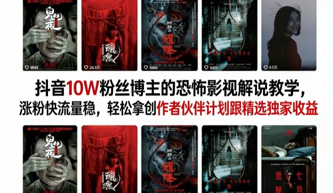 抖音10W粉丝博主的恐怖影视解说教学，涨粉快流量稳，轻松拿创作者伙伴计划跟精选独家收益-皮皮网创