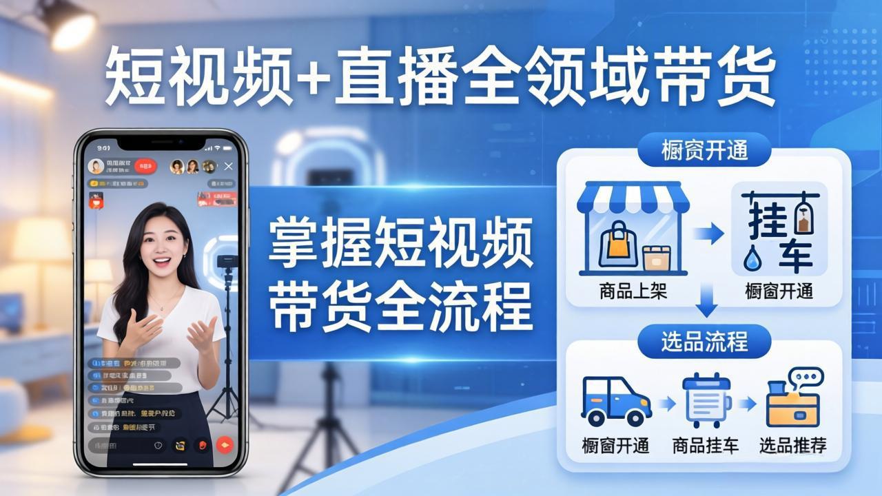 短视频+直播全领域带货-更新：掌握橱窗开通、挂车、选品、爆款文案改编等短视频带货全流程-皮皮网创