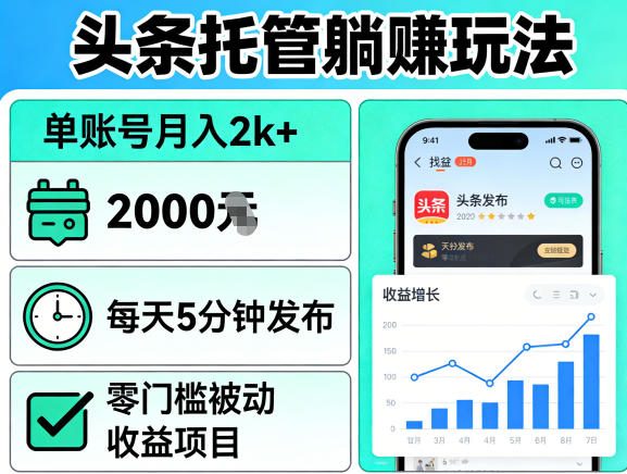 头条托管躺賺玩法，单账号月入2k+，每天5分钟发布即可，零门槛被动收益项目【揭秘】-皮皮网创