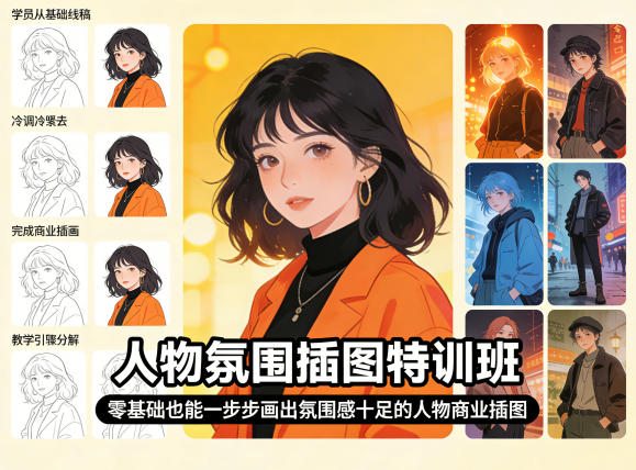 人物氛围插图特训班，零基础也能一步步画出氛围感十足的人物商业插图-皮皮网创