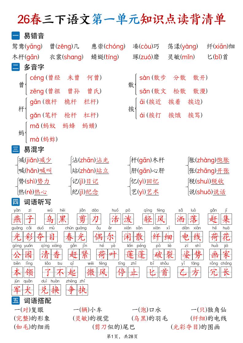 26新三年级下语文1-8单元知识点读背清单（28页）-皮皮网创