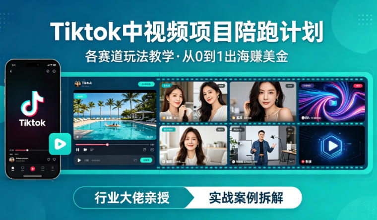 某大佬的Tiktok中视频项目陪跑，涵盖TK各个赛道玩法教学，从0到1出海賺美金-皮皮网创