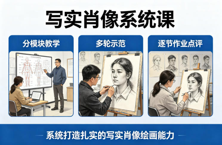 写实肖像系统课，全程分模块教学+多轮示范+逐节作业点评，系统打造扎实的写实肖像绘画能力-皮皮网创