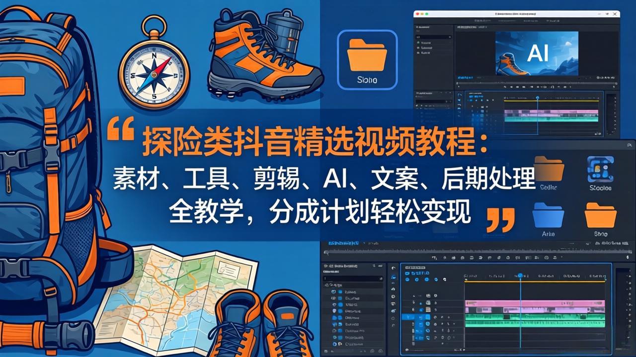 探险类抖音精选视频教程：素材、工具、剪辑、AI、文案、后期处理全教学，分成计划轻松变现-皮皮网创