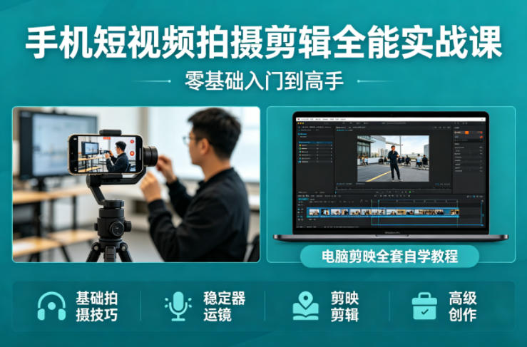 手机短视频拍摄剪辑全能实战课：零基础入门到高手，稳定器运镜+电脑剪映全套自学教程-皮皮网创
