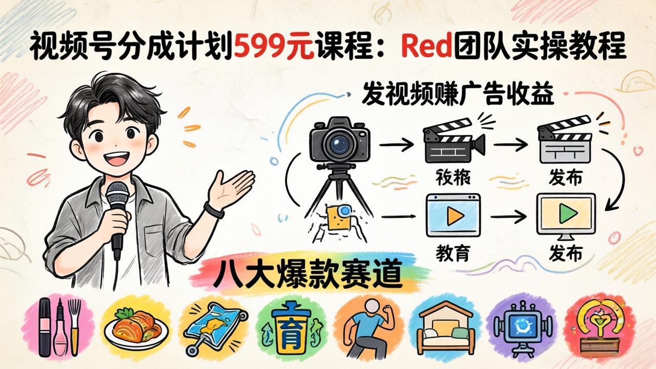 视频号分成计划599元课程：Red团队实操教程，发视频赚广告收益，八大爆款赛道全掌握-皮皮网创